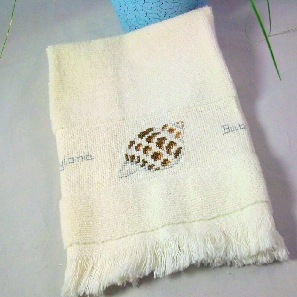 Handmade Cross Stitch Babylonia Seashell Fingertip Tea Hand Towel 10" x 17.5"
